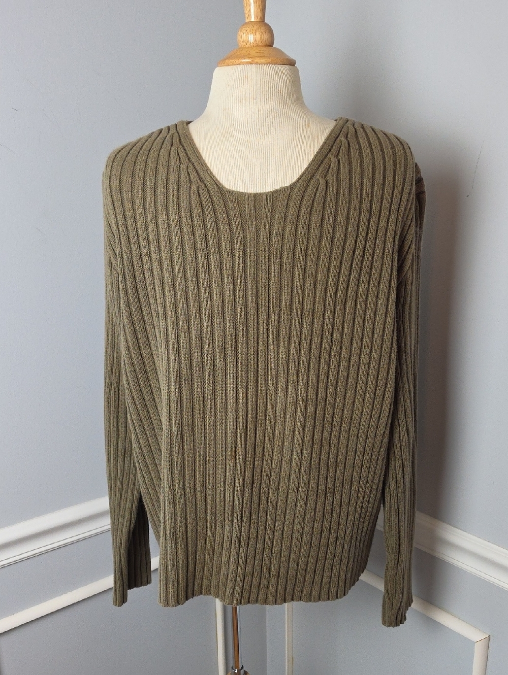 J.CREW Men's Olive Green V-Neck Cable Knit Chunky Preppy‎ Y2K Casual Sweater L